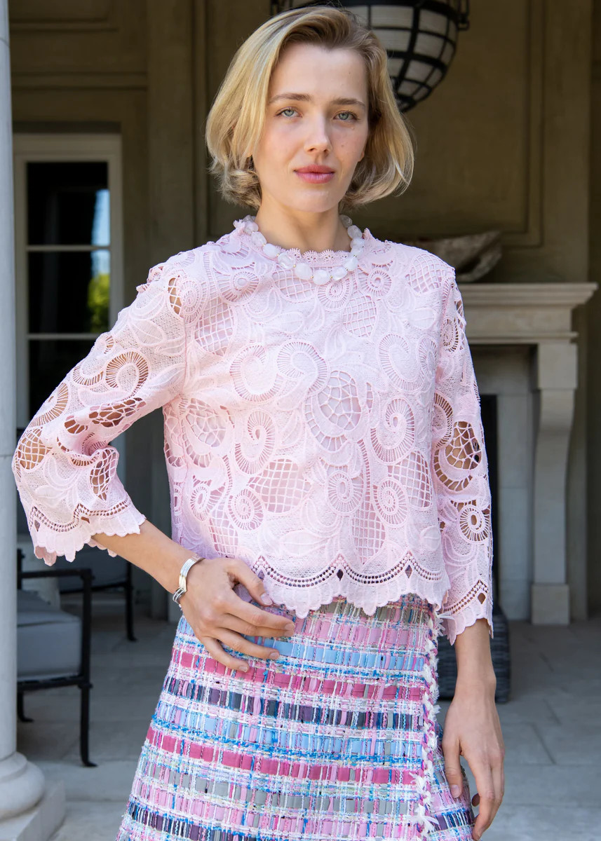 Jocelyn Abstract Lace 3/4 Flare Sleeve Top - Pink | Benaar La