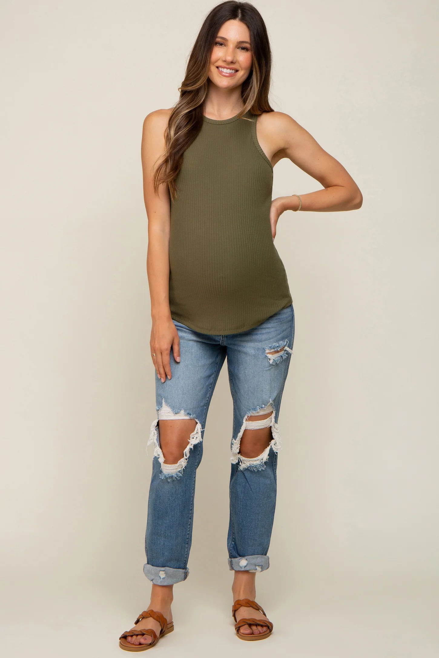 Blue Distressed Cuffed Maternity Jeans | PinkBlush Maternity