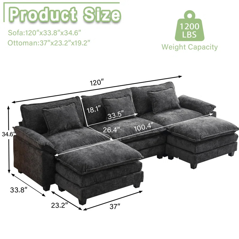 120” Comfy Cloud Couch U Shaped Sectional Sofa with Two Ottomans | Wayfair North America