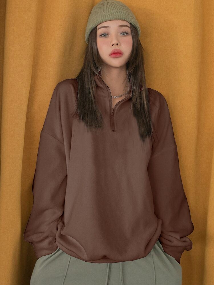DAZY Half Zip Drop Shoulder Oversized Fleece Sweatshirt | SHEIN