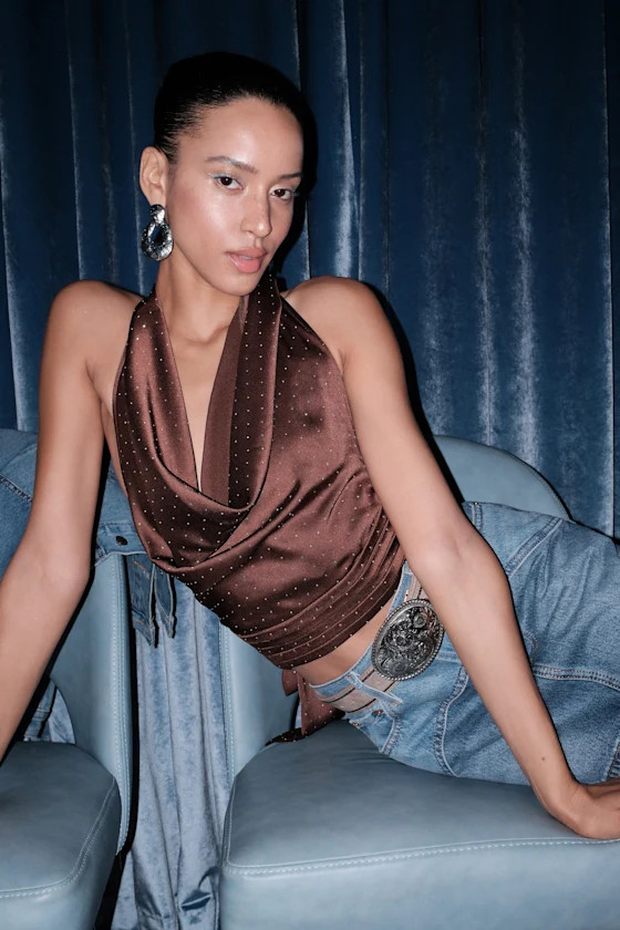 Notable Shine Brown Satin Rhinestone Halter Top | Lulus