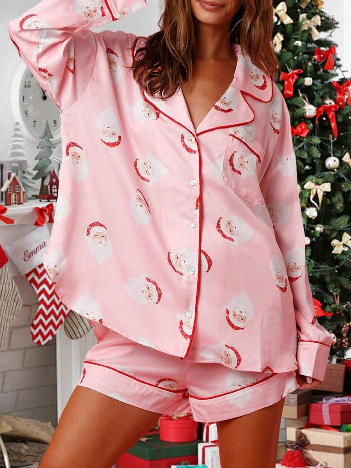 Women Christmas Pajamas Sets Santa Print Long Sleeve Button Down Shirts Tops And Shorts Set Fall ... | SHEIN