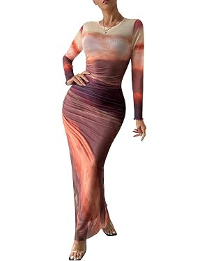 MARZXIN Women Long Sleeve Maxi Dress Bodycon Ruched Formal Slim Fit Tie Dye Dress Formal Mesh Dre... | Amazon (US)