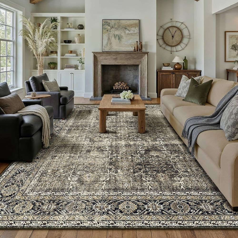 Vintage Area Rug 9x12 Brown Washable Living Room Large Carpet Non Slip Bedroom Indoor Office Low ... | Amazon (US)