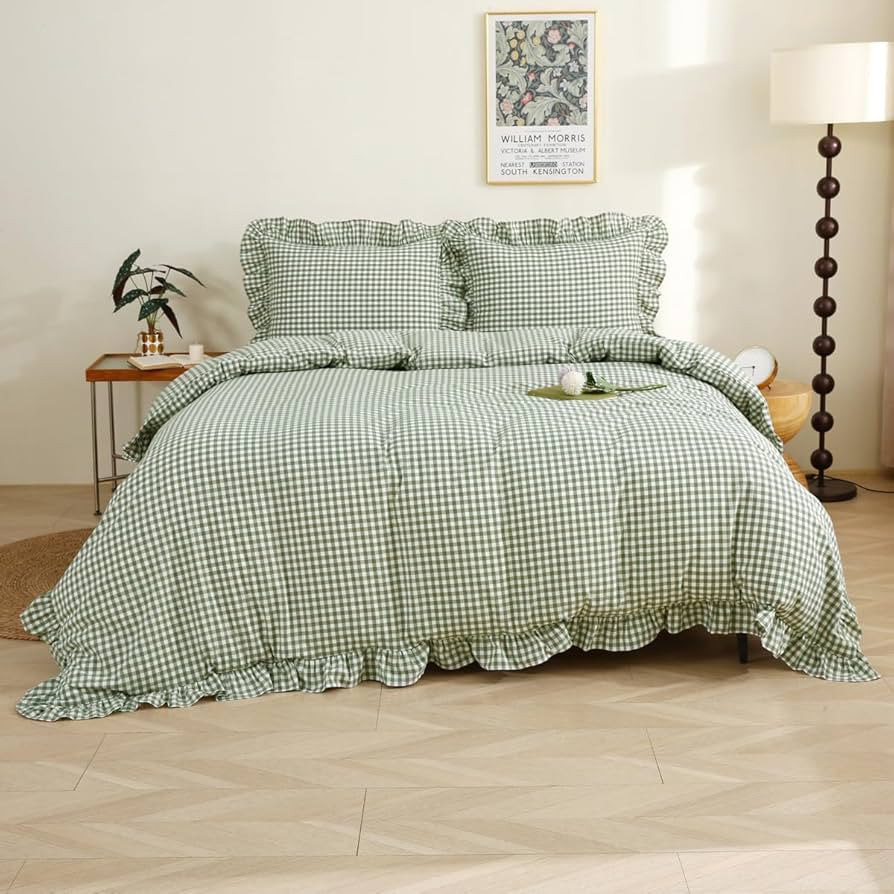 Sage Green/White Plaid Ruffle Duvet Cover Queen Size,100% Washed Cotton 3 Pcs Vintage Checkered C... | Amazon (US)