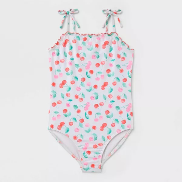 Girls' Cherry Print One Piece Swimsuit - Cat & Jack™ White/Orange XL | Target