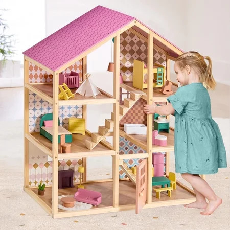 Tiny Land Wooden Dollhouse for Girls - 6 Rooms Wooden Doll House, DIY Pretend Doll House with 31Pcs Furniture Accessories, Creative Gift for Girl Ages 3+, Dusty Pink | Walmart (US)