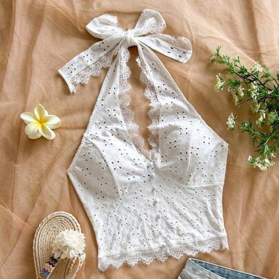 Women's White Textured Fabric Lace Trim Halter Neck Top, Slim Fit Summer Holiday Outfit | SHEIN