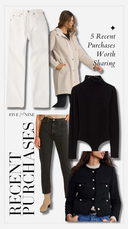 Recent purchases // white jeans, Sherpa coat, black jeans, turtleneck bodysuit, tweed jacket 