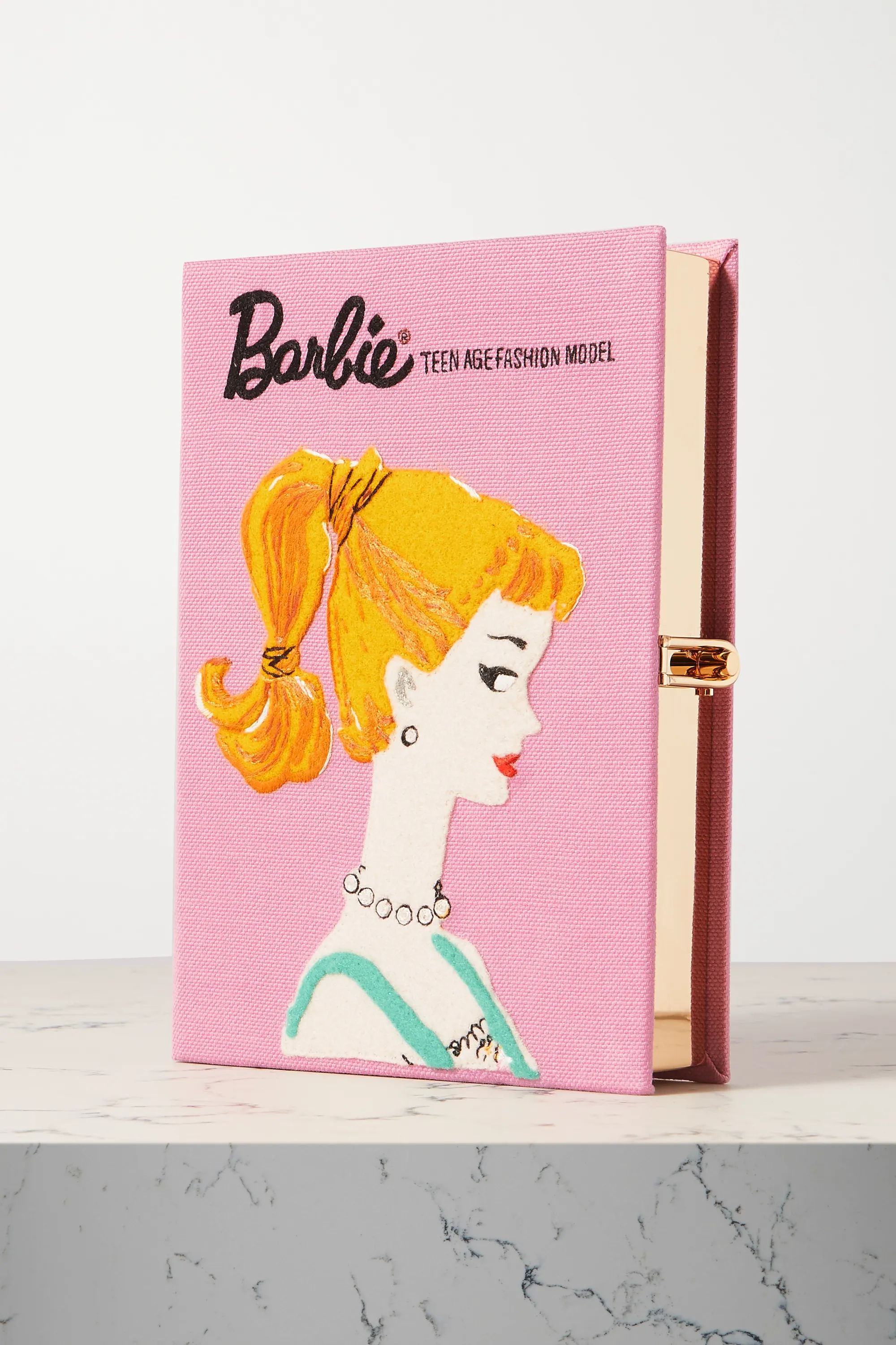 Pink Barbie embroidered appliquéd canvas clutch | Olympia Le-Tan | NET-A-PORTER | NET-A-PORTER (UK & EU)