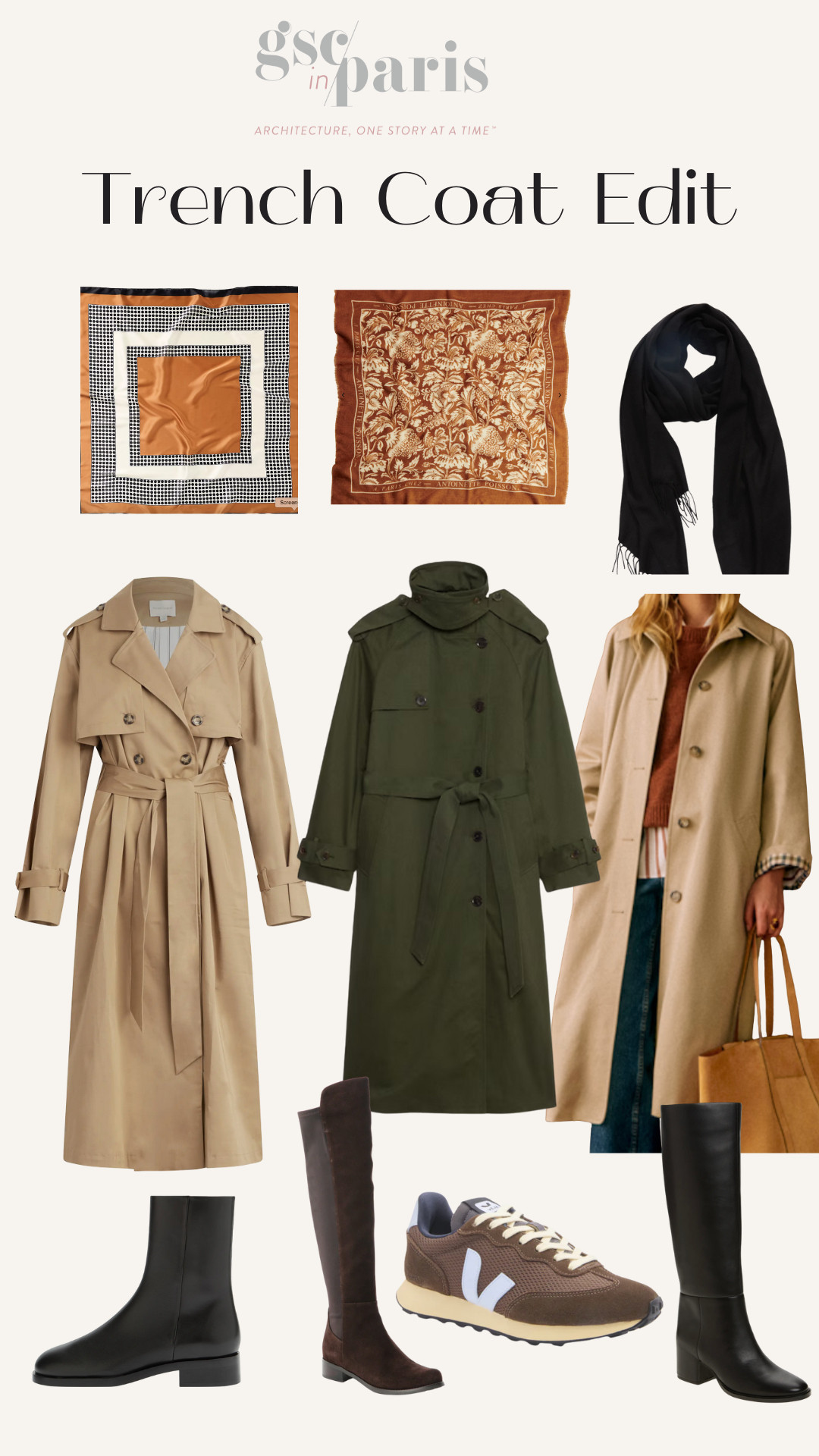 Trench coats are everywhere this winter and I am trying to decide which one for my trip to Paris in December - Favorite Daughter, Banana Republic in Olive or Sézane? Any trench would look great with one of these scarves and a pair of these boots or sneakers! 

 #LTKStyleTip #LTKWorkwear #LTKTravel