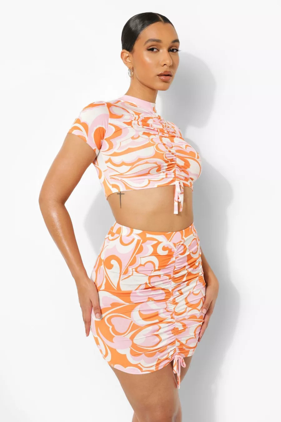 Marble Print Ruched Crop & Mini Skirt | Boohoo.com (US & CA)