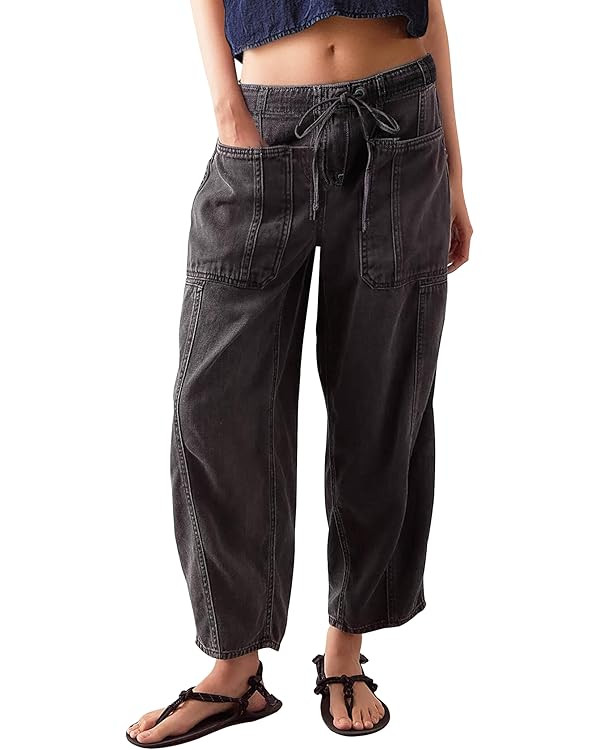 Barrel Jeans for Women Stretch Elastic Waist Pull-on Wide Leg Baggy Pants Lightweight Casual Crop... | Amazon (US)