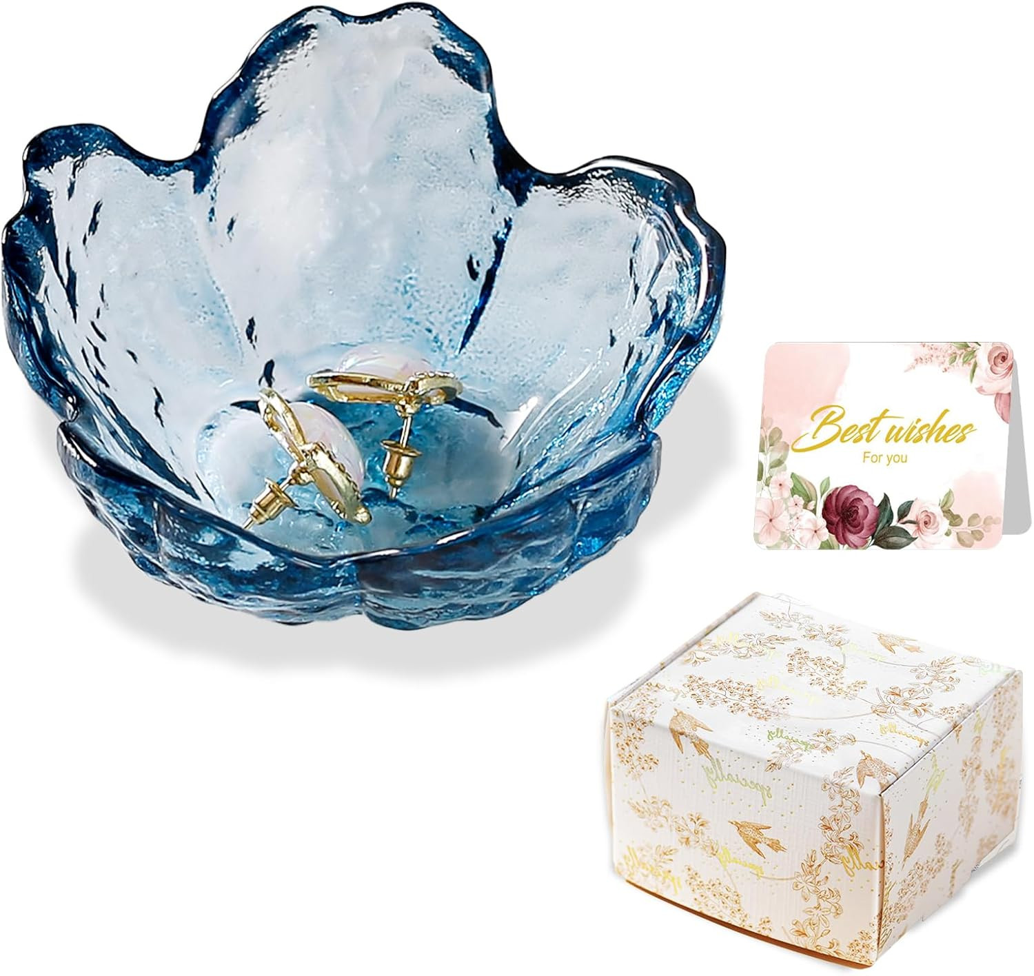 Binoster Blue Flower Glass Ring Dish Jewelry Tray Ring Holder Dish Cute Room Decor Vanity Organiz... | Amazon (US)