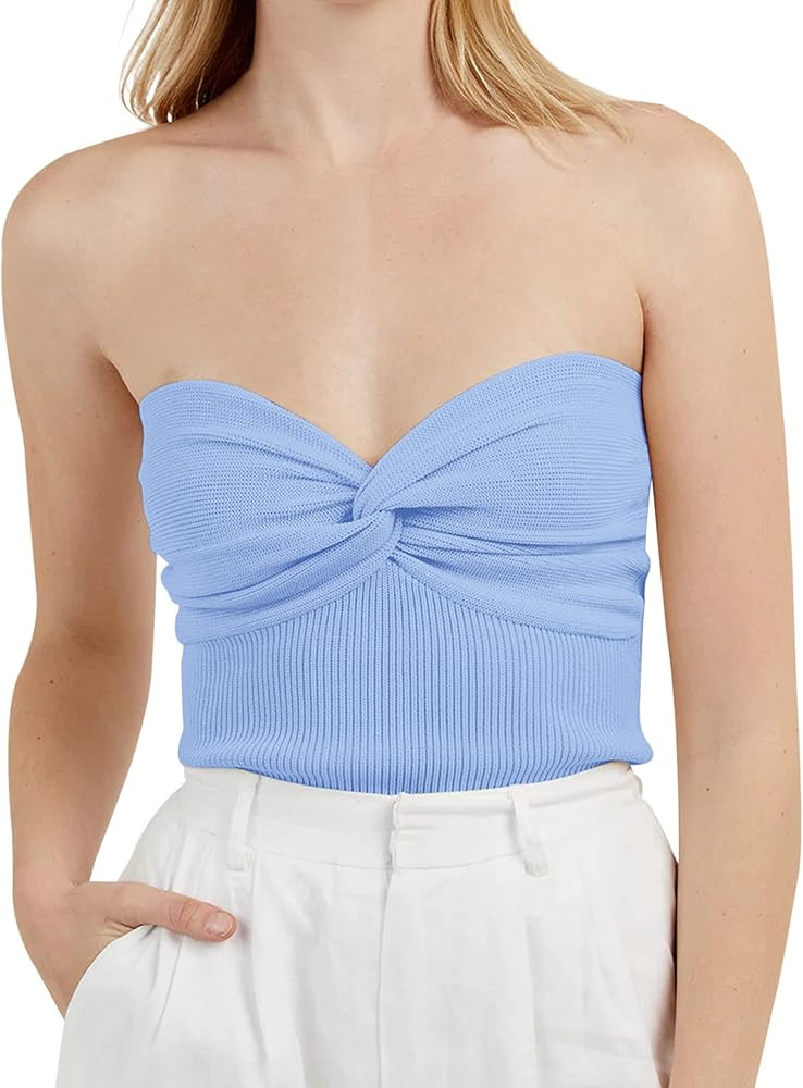 Meladyan Women Twist Knot Solid Knit Bandeau Tube Top Sexy Strapless Sleeveless Slim Fit Crop Tank B | Amazon (US)
