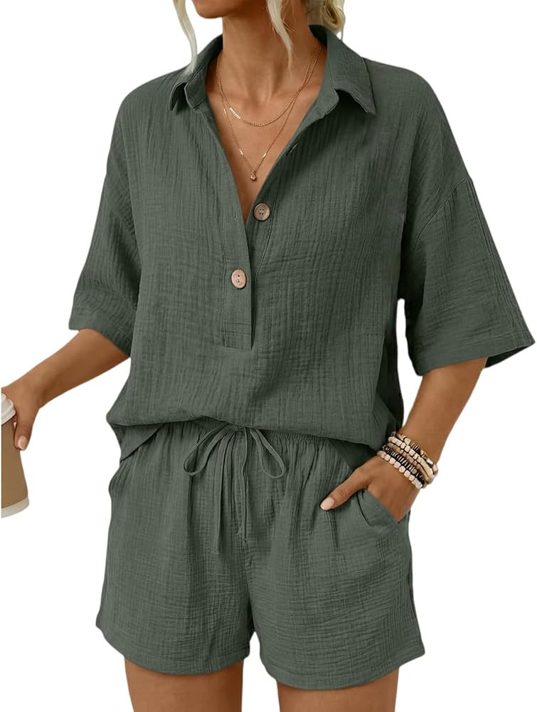 Linen Short Sets Women 2 Piece Outfits Summer Casual V Neck Short Sleeve Shirt Matching Cotton Sh... | Amazon (US)