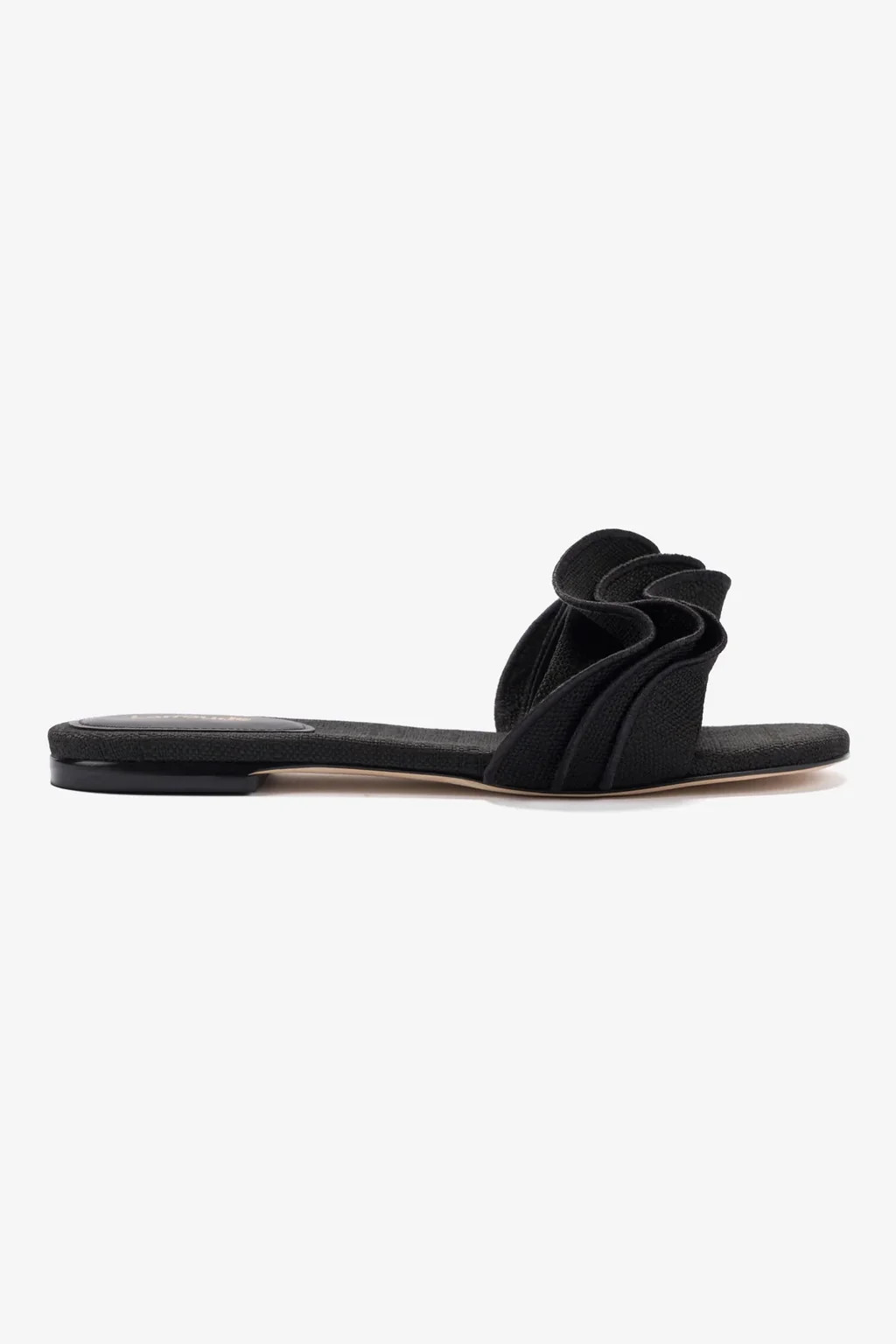 Ivy Ruffle Flat Mule In Black Raffia | Larroude