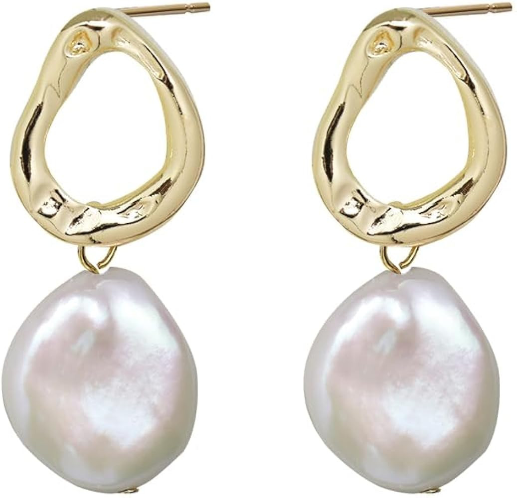 Pearl Earrings for Women Baroque Natural Pearl 18K Gold Plated Brass 925 Sterling Silver Needle D... | Amazon (US)
