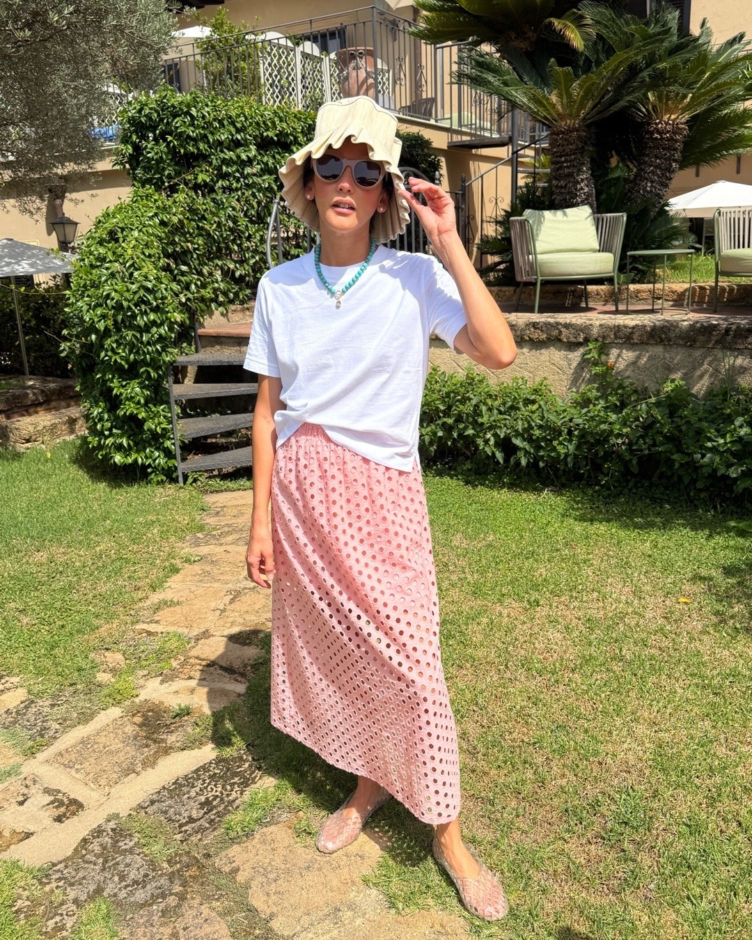 Outfit of the day: Rewearing my Amazon skirt and @jcrew cropped jersey, jelly joes, turquoise beaded necklace and statement hat for a full day in Agricento.

#LTKootd #LTKTravel #LTKOver40