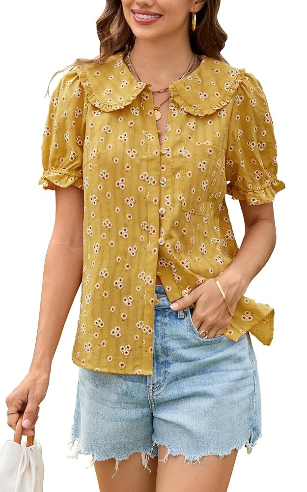 ECOWISH Women's Button Up Shirt - Peter Pan Collar Frilled Short Sleeve Summer Tops Casual Cotton... | Amazon (US)