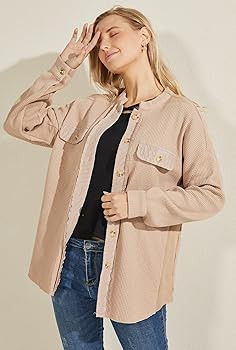 CHARTOU Women's Vintage Banded Collar Button Down Baggy Loose Fit Mid-Weight Frayed Waffle Knit S... | Amazon (US)