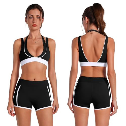 ABOCIW Womens 2 piece Workout Sets Deep V Neck Layered Sports Bra High Waist Mini Shorts with Pockets Gym Sets Yoga Pilates Outfits Athletic Work Out Clothes Black Small | Amazon (US)