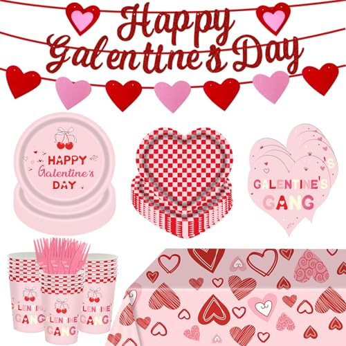 144 Pcs Galentine's Day Party Supplies Set Happy Galentine's Day Tableware Set for 20 Guests Include 9 Inch 7 Inch Pink and Red Plaid Plates Napkins Cups for Women Girls Celebration Party Decorations | Amazon (US)