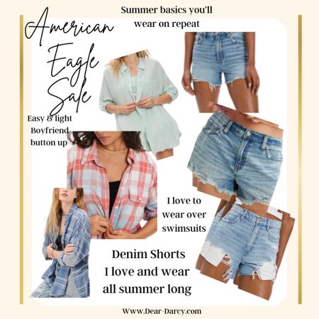 American Eagle SAlE
25% off site

I love American Eagle denim shorts and oversized Boyfriend button up plaid shirts!

Perfect for Sprint and summer,
Wear over swim suits, take on vacation,
Easy and chic look for a coffee run, running errands etc.

This look reminds me of California beach days 🌴

Pairs cute with flip flops or converse 🤍
Rayban sunnies 

3 of my favorite denim shorts that restock every year! I size up to have them fall more on my hips and not be as short.

The button ups you can get tts, for a true oversized fit or size down if you like a not as baggy!

These are 3 of my favorite styles and summer colors 

#LTKSeasonal #LTKSale #LTKstyletip