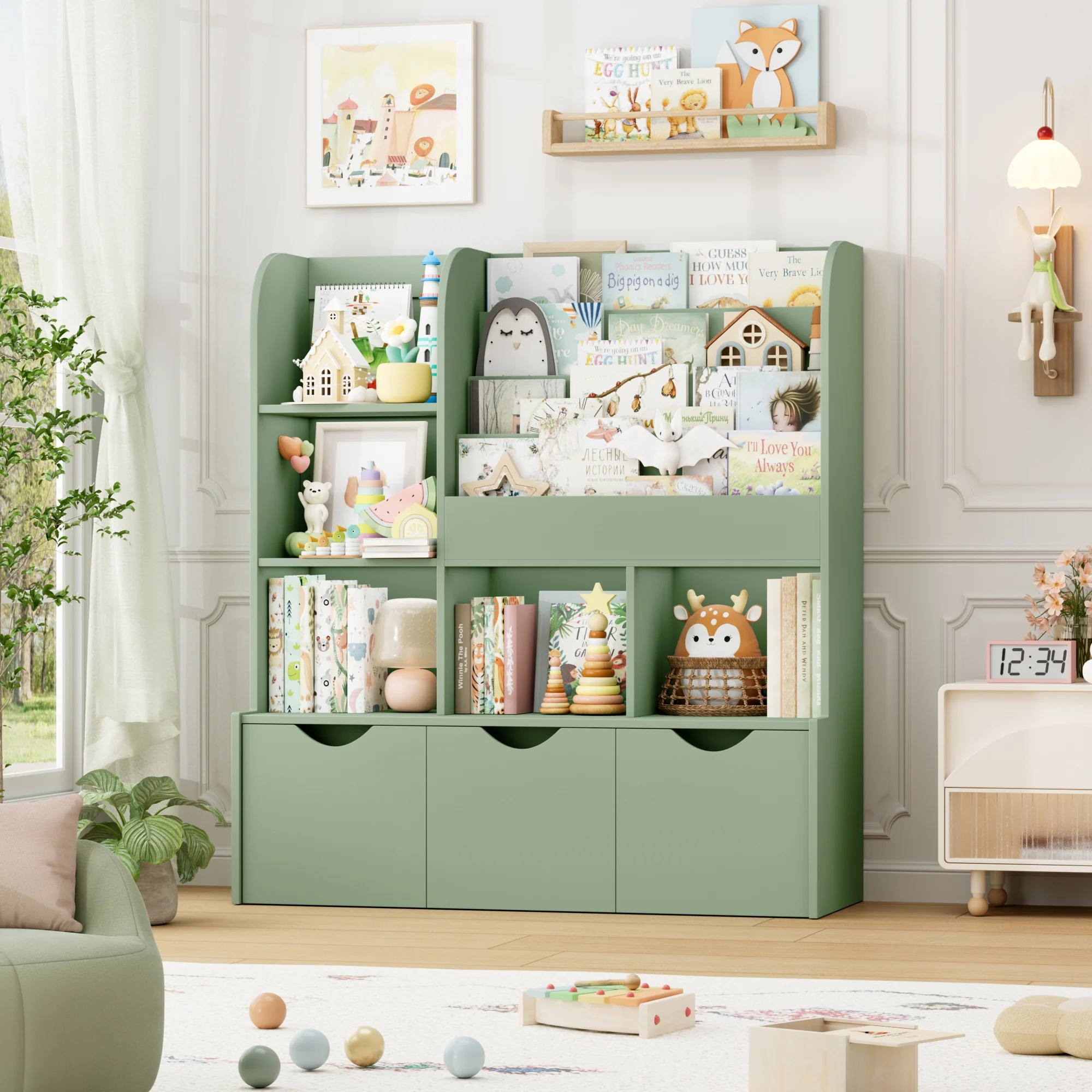 Homfa 42.5''W Kid's Bookcase, Bookshelf with 5 Storage Cubbies & 3 Movable Drawers & Toy Display ... | Walmart (US)