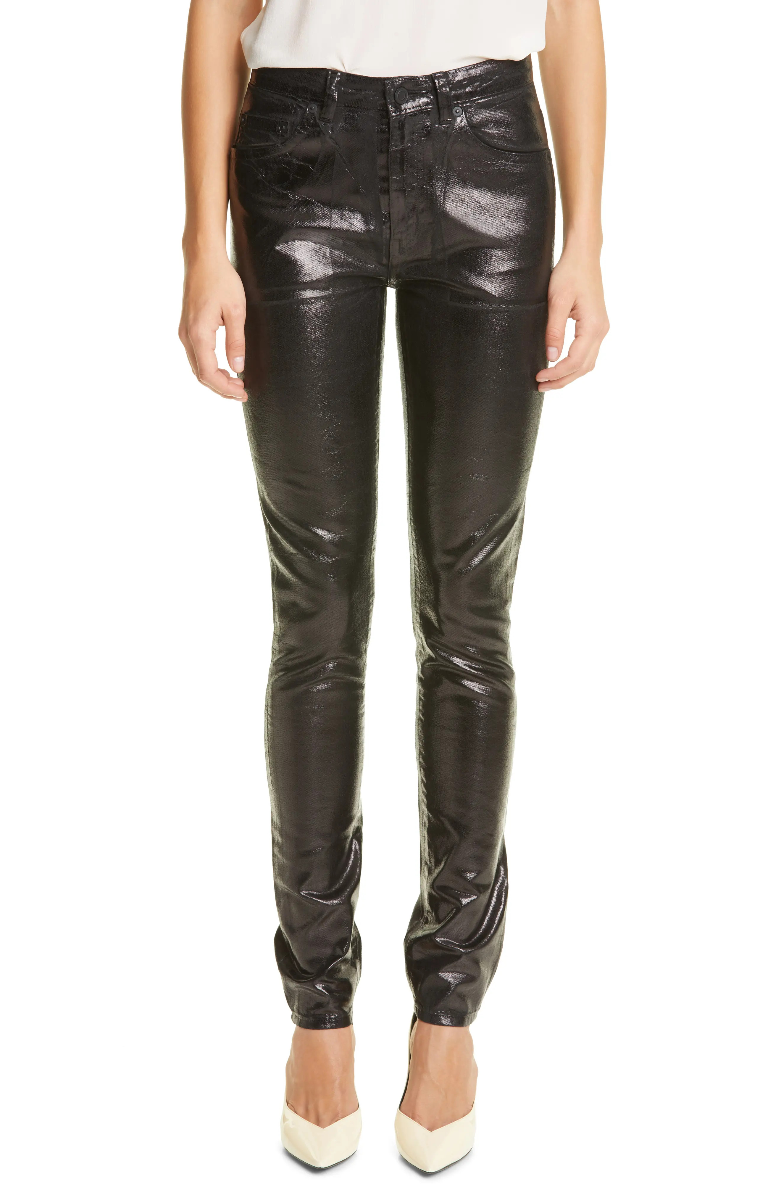 Saint Laurent Coated Skinny Jeans, Size 26 in Vinyle Shiny Black at Nordstrom | Nordstrom