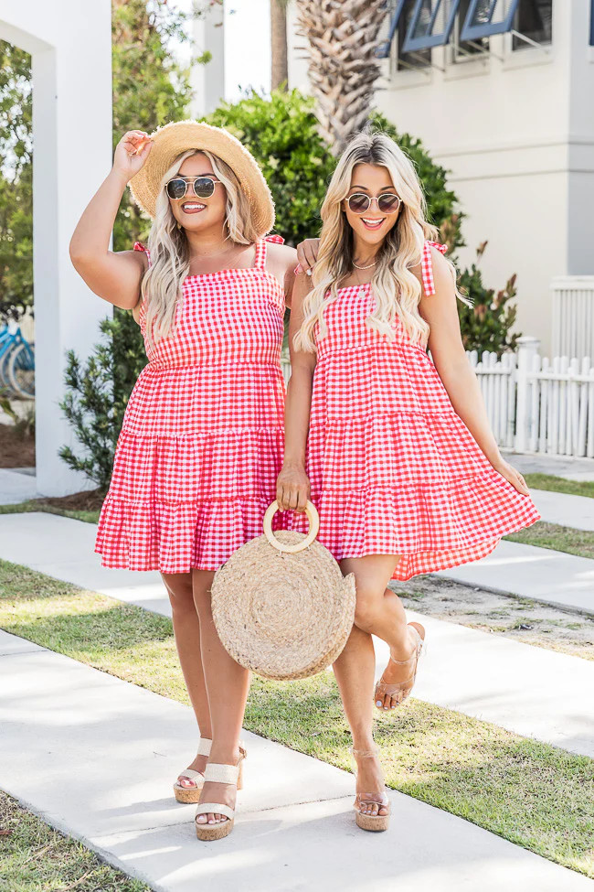 Morning Grace Red Tie Sleeve Gingham Mini Dress | Pink Lily