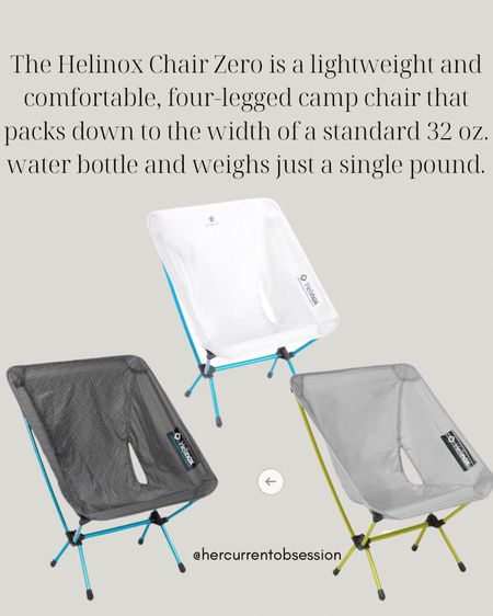 Save space in your car and in your backpack with this compact camping chair. The Helinox Chair Zero is a lightweight and comfortable, four-legged camp chair that packs down to the width of a standard 32 oz. water bottle and weighs just a single pound.

Her Current Obsession, hiking essentials 

#LTKActive #LTKFamily #LTKTravel