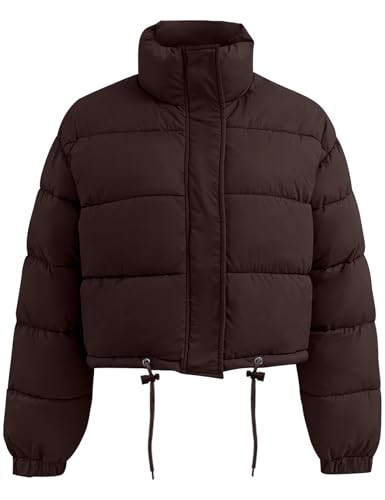 Flygo Women Cropped Puffer Jacket Winter Long Sleeve Quilted Puffy Bubble Padded Short Coats with Drawstring(Coffee-Large) | Amazon (US)