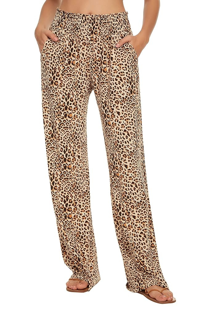 Urban CoCo Women's Boho Palazzo Pants Wide Leg Beach Pants High Waisted Lounge Pants with Pockets | Amazon (US)