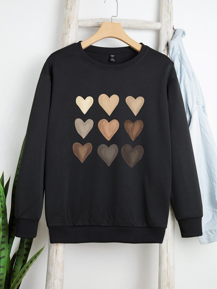 Plus Heart Print Thermal Lined Sweatshirt | SHEIN