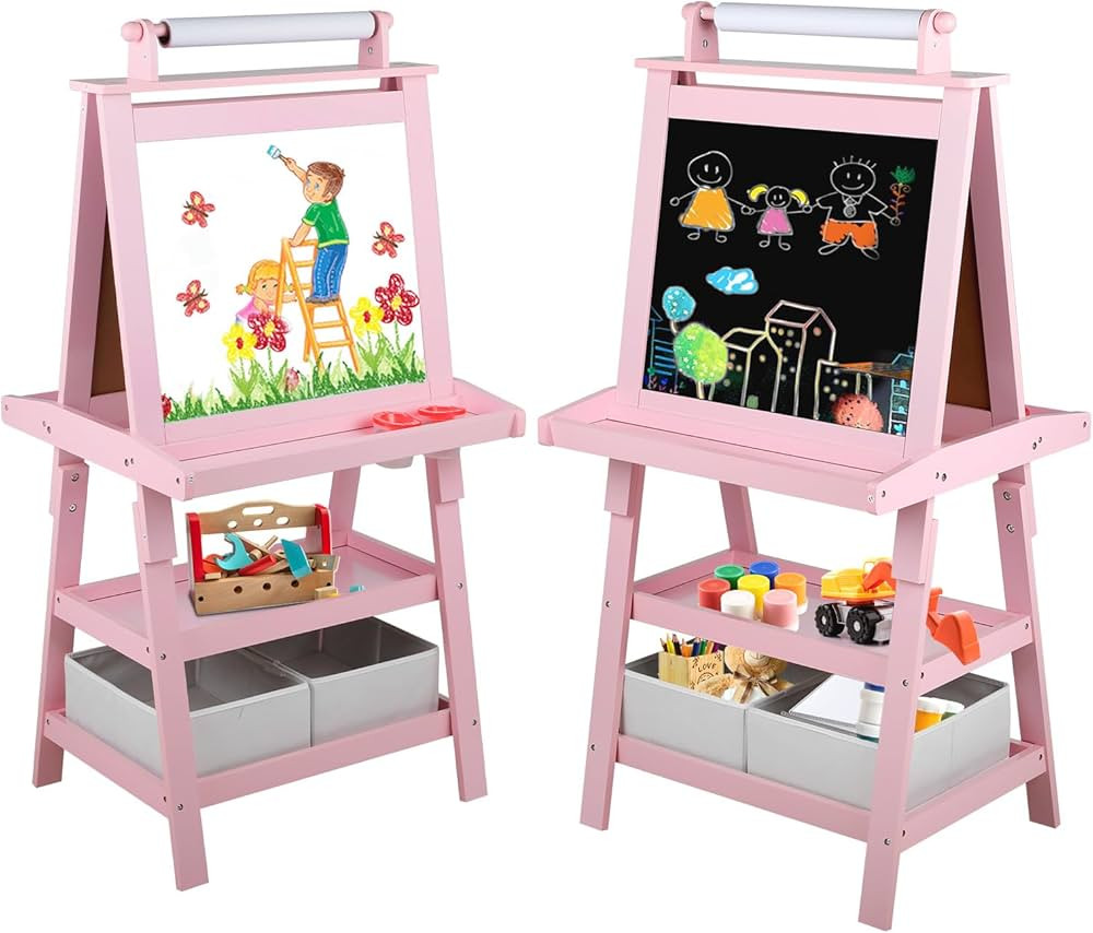 Kinder King 3 in 1 Kids Art Easel w/Storage, Double-Sided Magnetic Whiteboard & Chalkboard, Dry-E... | Amazon (US)