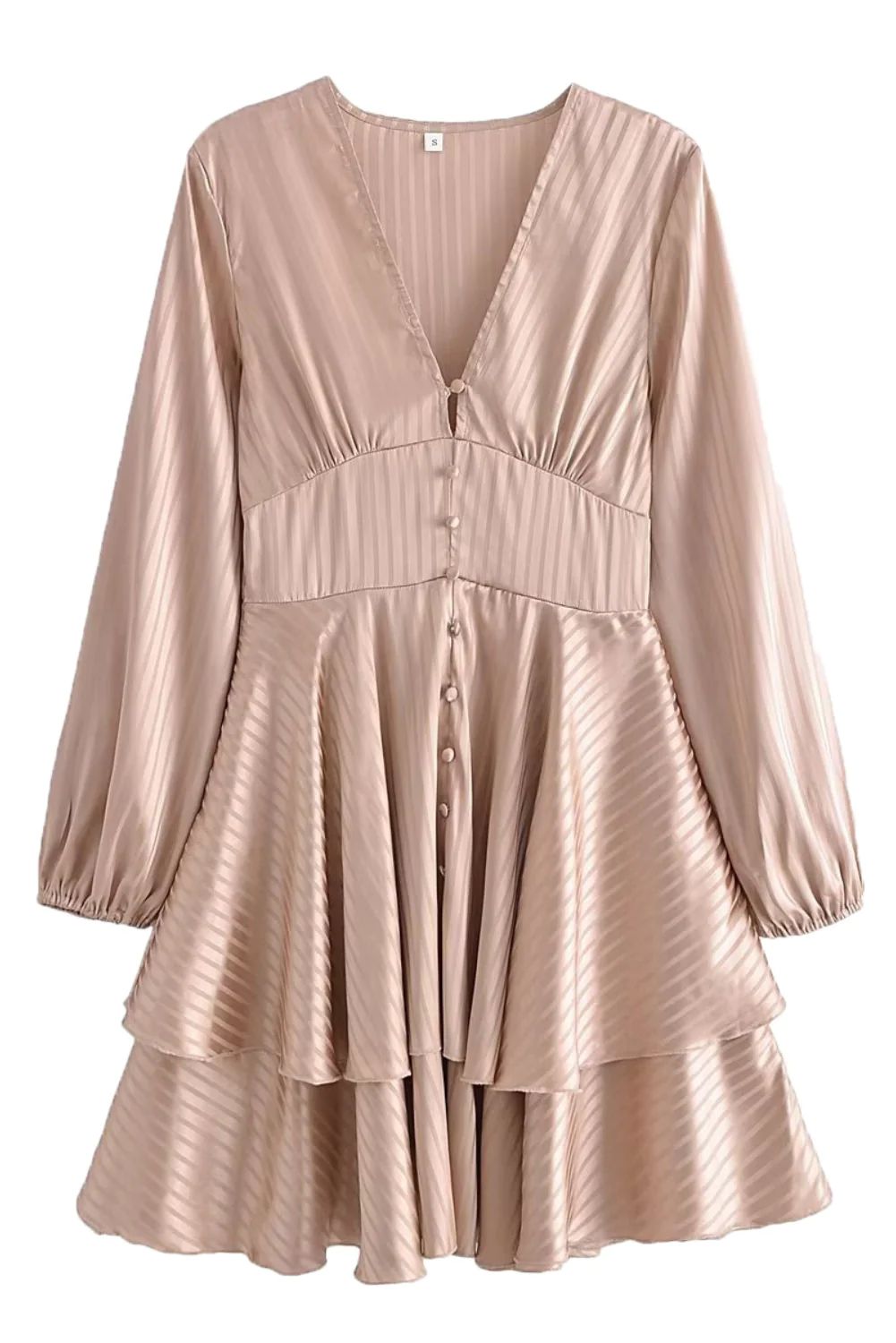 'Misha' V-neck Ruffled Silky Striped Dress | Goodnight Macaroon