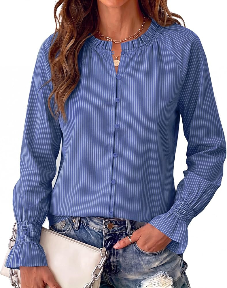 Long Sleeve Shirts for Women Dressy Casual Striped Button Down Blouses     Ruffle Mock Neck Tops ... | Amazon (US)