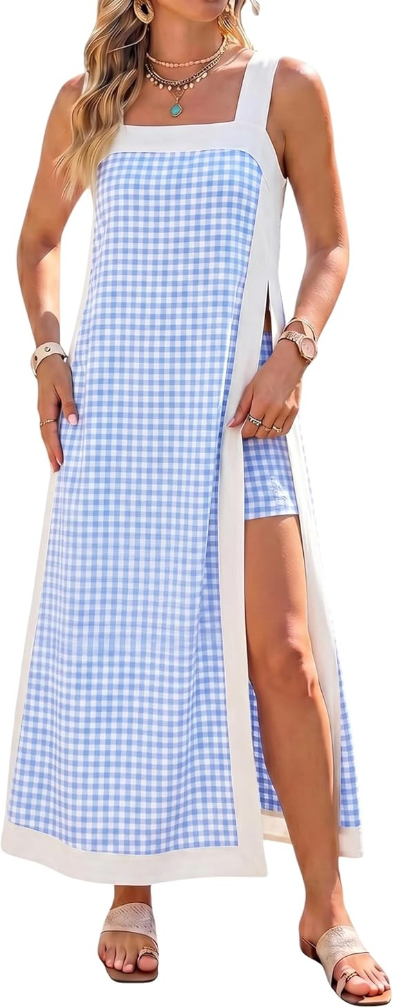 Bankeng Women's 2 Piece Sets Casual Square Neck Color Block Sleeveless Plaid Maxi Dress Matching ... | Amazon (US)