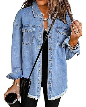 Zeagoo Jean Jackets for Women Ripped Fringe Denim Jean Jacket Casual Long Sleeve Pockets Jackets ... | Amazon (US)