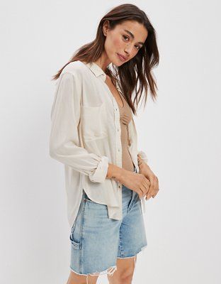 AE Silky Long-Sleeve Button-Up Shirt | American Eagle Outfitters (US & CA)