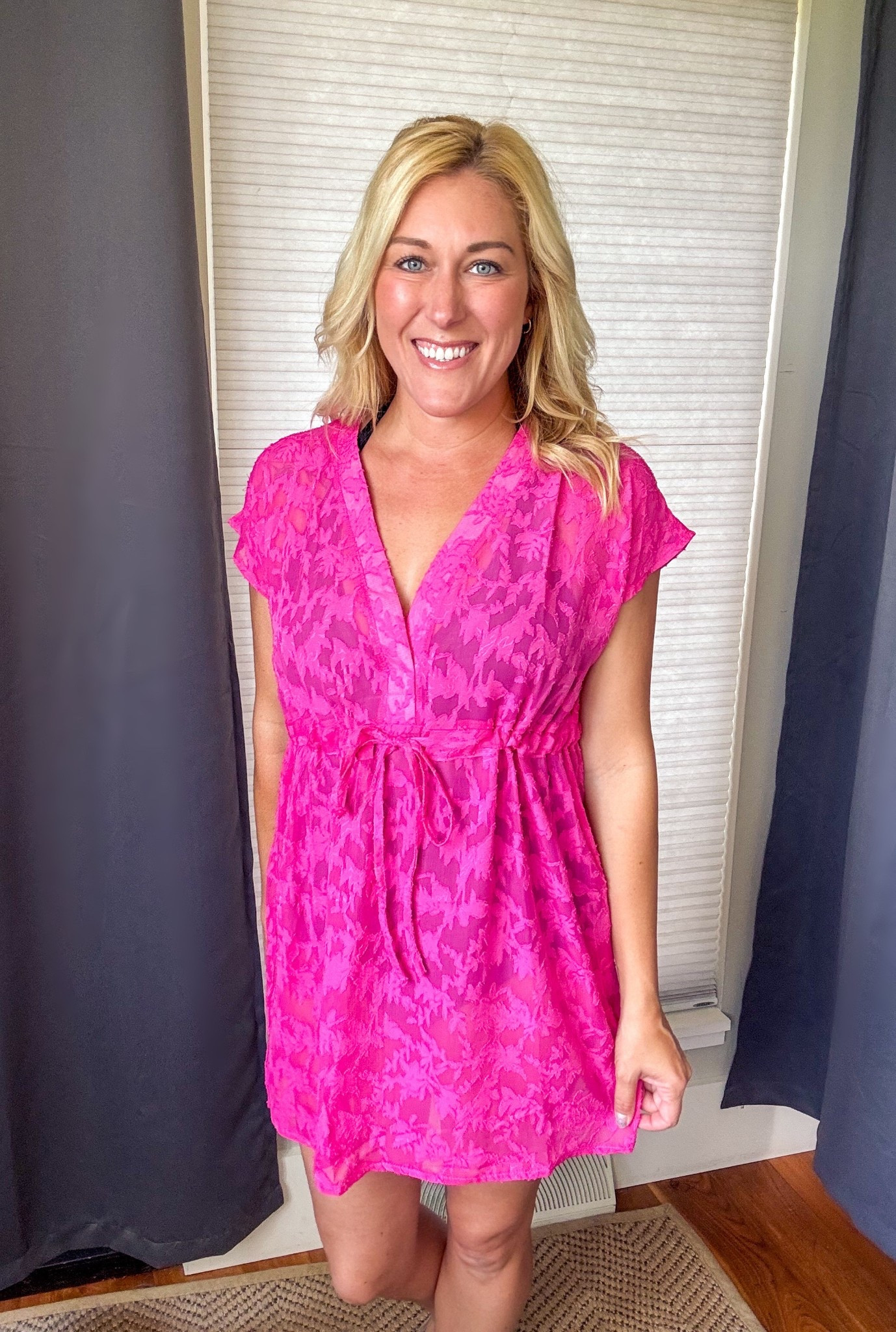 This sheer floral swim cover-up such a pretty, feminine piece!  Lightweight, breezy, and perfectly flattering with its cinched waist.