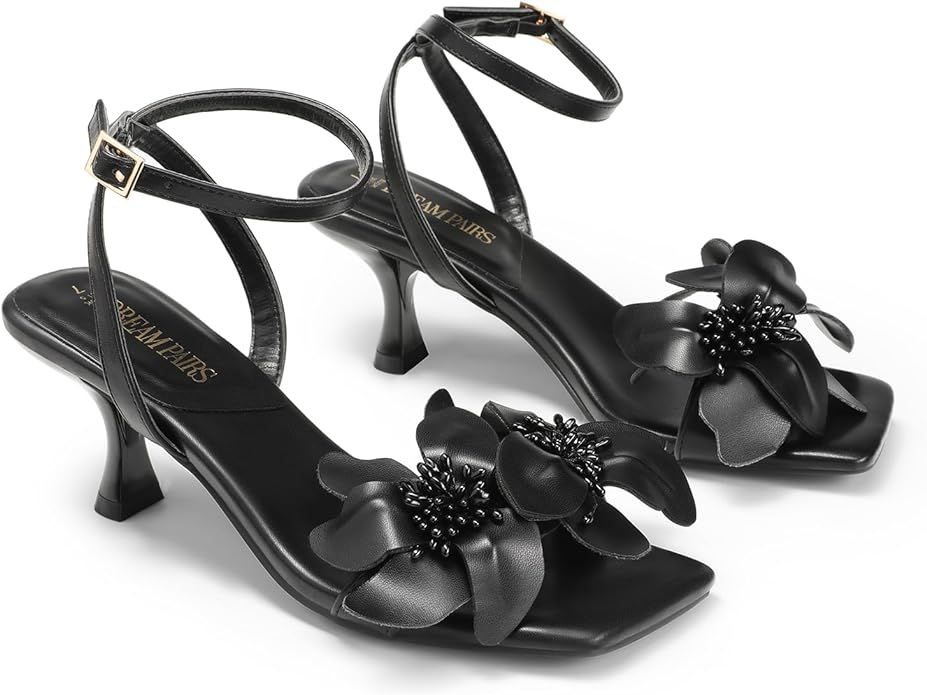DREAM PAIRS Women's Flower Wedding Heels Cute Square Toe Slingback Low Kitten Heels Sandals with ... | Amazon (US)