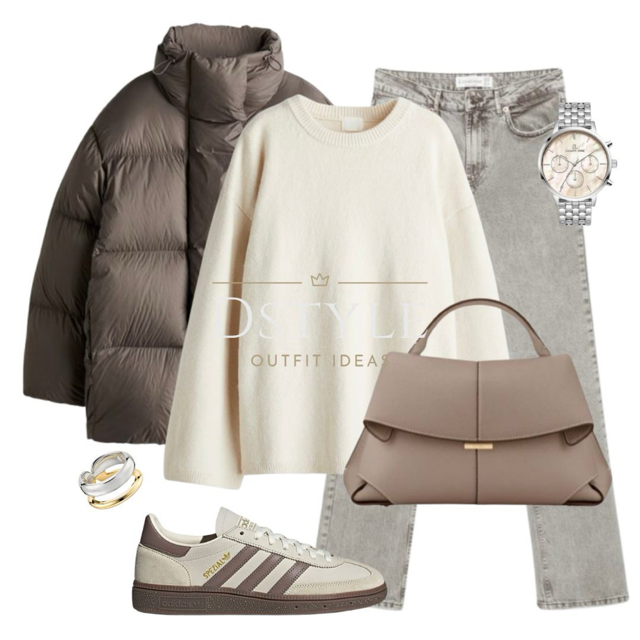 Dark beige oversized down puffer jacket, cream oversized sweater, grey straight-leg jeans, Adidas Spezial sneakers/trainers, bag - Polene Mokki Edition Textured Taupe 

 

#LTKShoeCrush #LTKStyleTip #LTKSeasonal