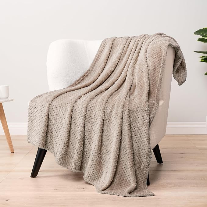 PAVILIA Tan Taupe Throw Blanket for Couch Bed, Soft Fleece Throws for Sofa Chair, Fuzzy Waffle Te... | Amazon (US)