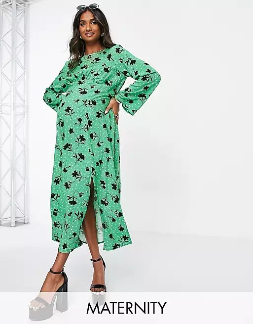 Nobody's Child Maternity fluted sleeve tea dress in green floral | ASOS (Global)