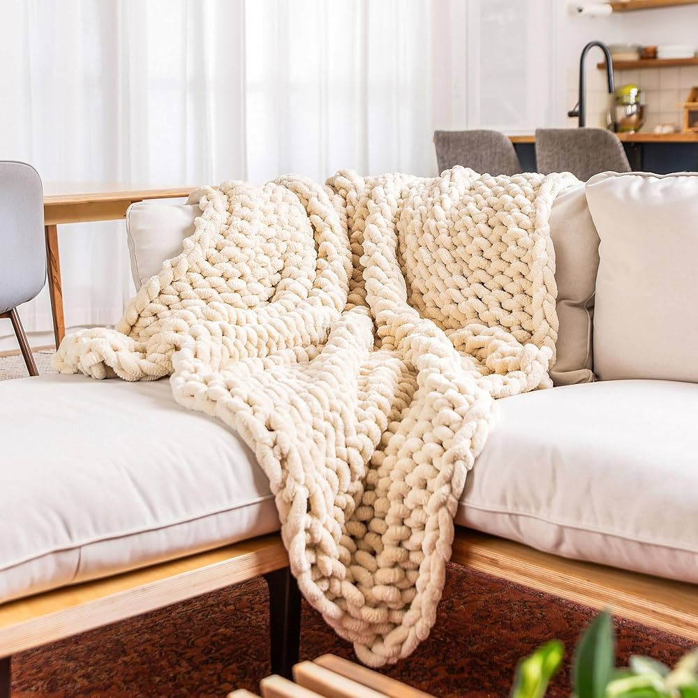 SAMIAH LUXE - Chunky Knit Blanket - Queen Size Beige Throw Blanket Cozy Soft Throw Blanket, Large... | Amazon (US)