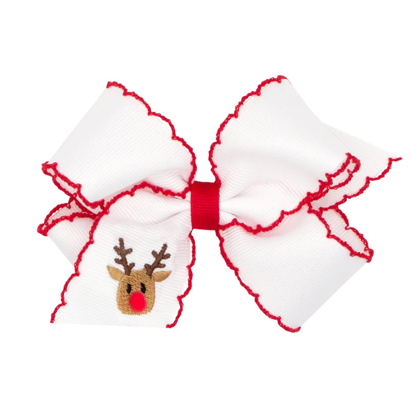 Reindeer Embroidered White Moonstitch Bow | Classic Whimsy