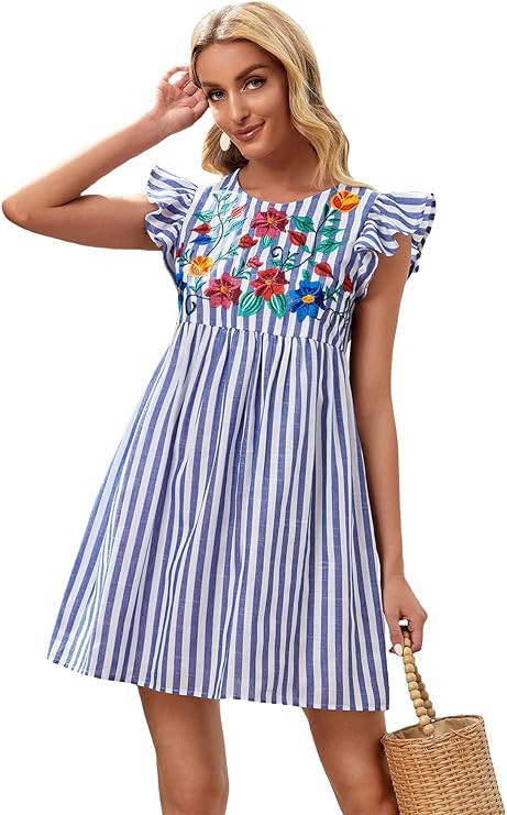 Floerns Women's Summer Floral Embroidery Dress Ruffle Sleeve Round Neck Smock Short Dress | Amazon (US)