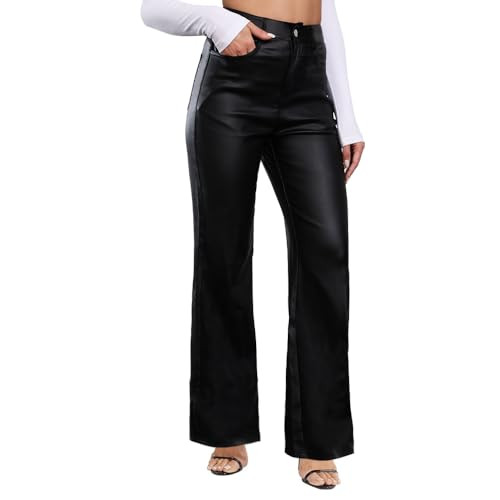 TGKKMQB Women's Faux Leather Pants Wide-Leg Loose Flared Black Leather Pants with Buttons Pockets(M) | Amazon (US)